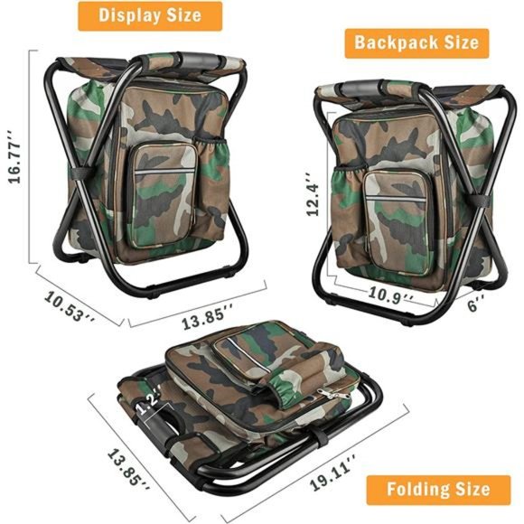 Folding Stool Backpack Insulated Cooler Bag, Collapsible Camping Hunting Fishing - Picture 2 of 5